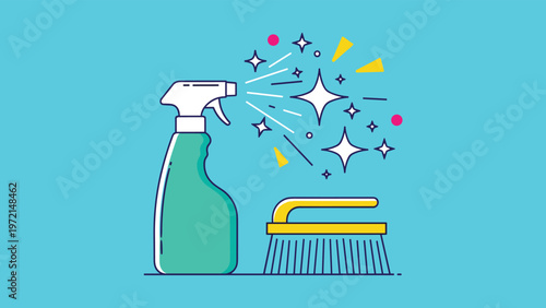 Green spray bottle and a cleaning brush surrounded by shining stars and geometric shapes representing effective sanitization and hygiene.
