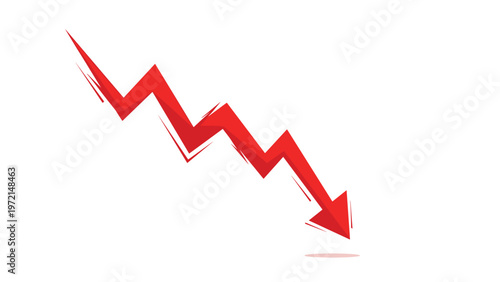 Sharp red arrow pointing downwards in a jagged graph style against a white background represents financial loss or economic decline.
