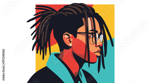 Modern graphic portrait of a stylish young person with dreadlocks and glasses against a colorful geometric backdrop.