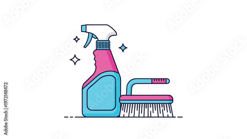 Cleaning spray bottle and a scrub brush shown in a clean line art style with pink and blue colors for household chore and hygiene designs.