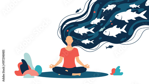 Surreal illustration of a woman meditating in a lotus pose with a school of fish swimming through her long hair.