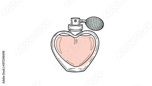 Elegant black and white line art of a vintage heart shaped perfume bottle with a classic spray bulb and delicate details.
