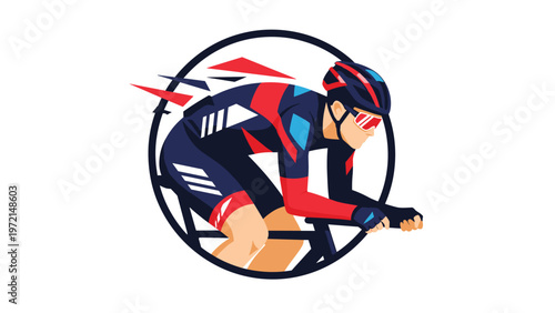 Professional cyclist riding a bicycle in a fast speed racing position inside a circular frame with red and blue dynamic motion graphics.
