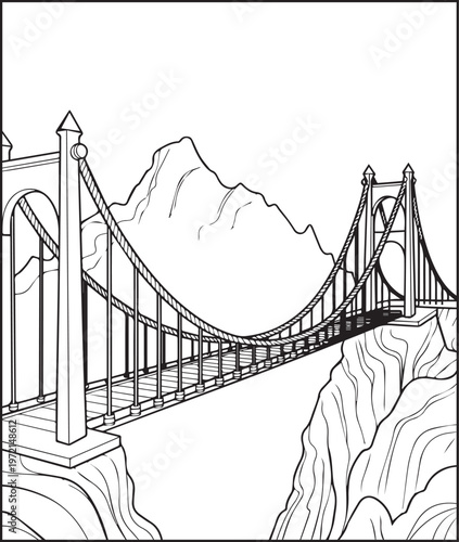 Mountain landscape with big bridge outdoor scenery coloring page for kids, black line art vector illustration for activity book design