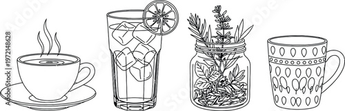 A collection of black and white line art illustrations featuring various beverage and drink items