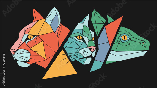 Creative geometric illustrations of a mountain lion a domestic cat and a lizard in bold colorful triangular shapes.