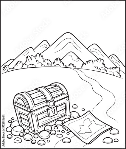 Mountain landscape outdoor scenery coloring page for kids, black line art vector illustration for activity book design