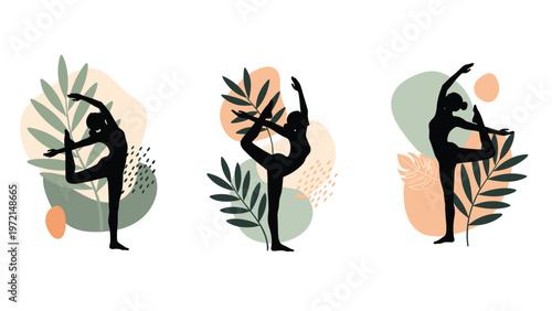 Collection of graceful yoga silhouettes of women in various poses adorned with tropical leaves and abstract shapes.