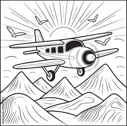 Mountain landscape with airplane outdoor scenery coloring page for kids, black line art vector illustration for activity book design