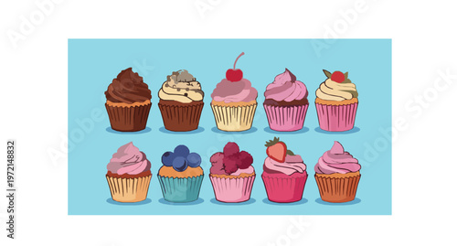 Cute cartoon cupcake vector set with chocolate strawberry cherry and pink cream muffins isolated on white