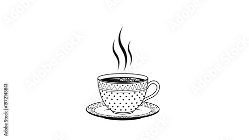 Hot cup of coffee or tea with decorative patterns and steam rising above a matching saucer on a plain background.