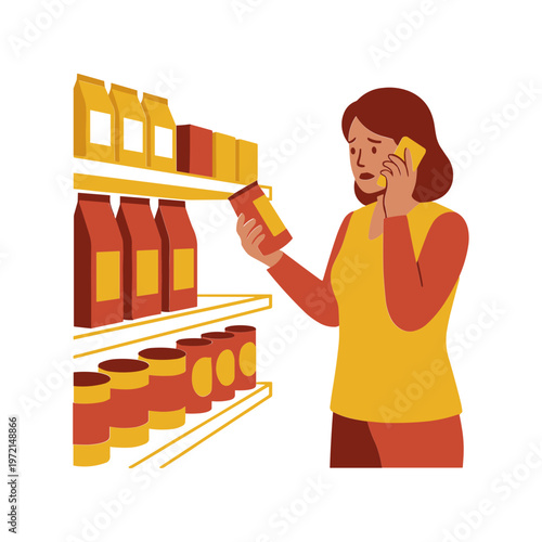 Woman shopping for food products while on phone in store aisle