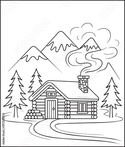 Mountain landscape with house outdoor scenery coloring page for kids, black line art vector illustration for activity book design