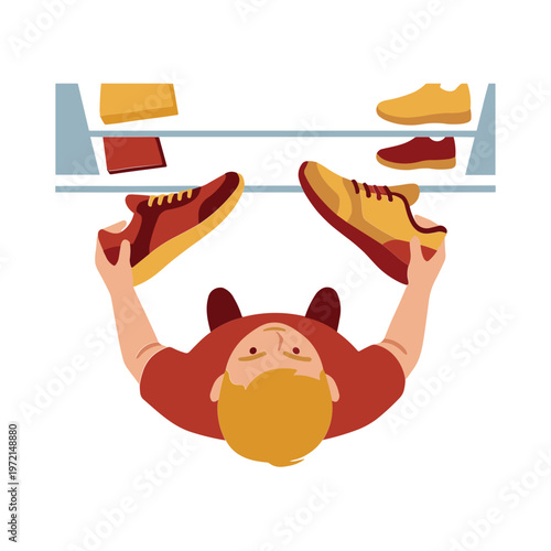 Man holding shoes on rack in store upside down