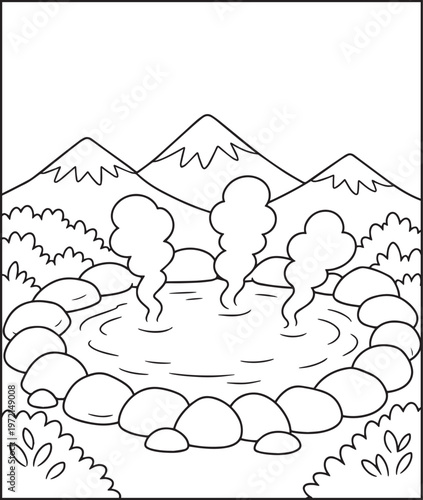 Mountain landscape outdoor scenery coloring page for kids, black line art vector illustration for activity book design