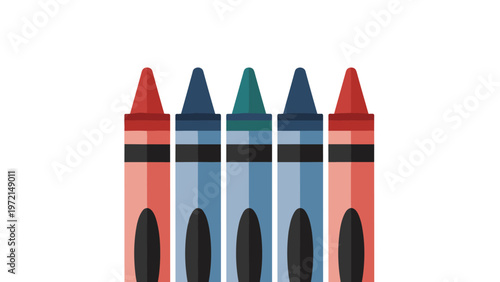 Row of five colorful wax crayons standing together including red, blue, and green for artistic drawing, school education, and craft themes.