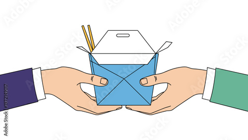 Two human hands holding a blue cardboard Chinese takeout food box with wooden chopsticks on a white background in a simple cartoon style.