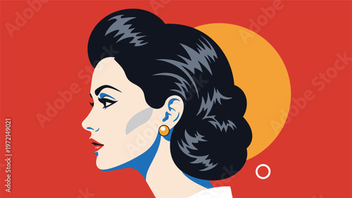 Striking pop art profile of a stylish woman with black hair and a gold earring against a bold red and orange sun background.