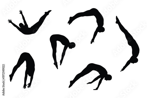 Silhouettes of gymnasts performing dynamic acrobatic poses in mid air showcasing flexibility and athleticism against a clean white background