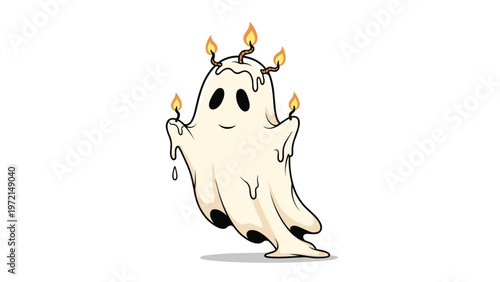 Spooky and cute Halloween ghost character draped in white fabric with glowing orange candles on its head and hands for festive decoration.