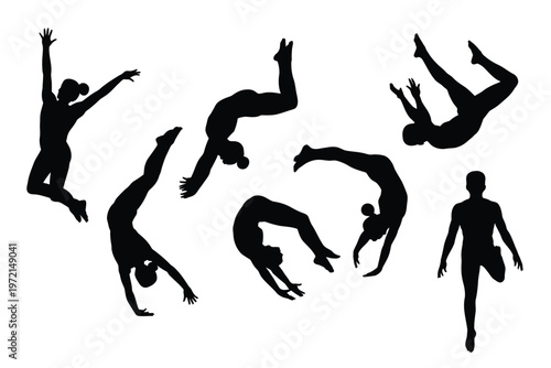 Silhouettes of acrobats performing dynamic aerial stunts flips and balancing poses against a minimalist background