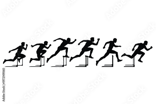 Silhouettes of athletes in motion jumping over hurdles in a sequence black and white vector illustration of track and field event