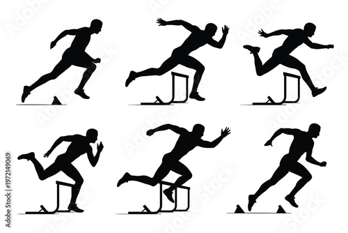 Athletes in dynamic motion jumping over hurdles in a track and field competition silhouettes of runners in action showcasing speed agility and determination against a clean white