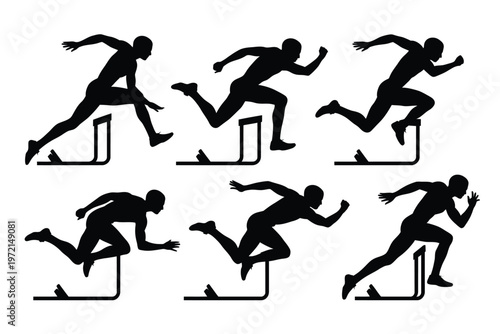 Athletes in silhouette form jumping over hurdles in a sequence showcasing motion and agility during a track and field event