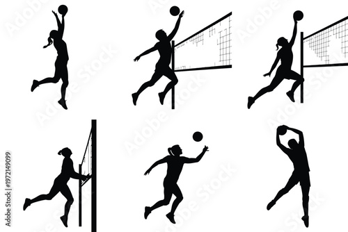 Dynamic silhouettes of athletes jumping and spiking volleyballs during intense matches showcasing athleticism and teamwork in minimalist black and white design