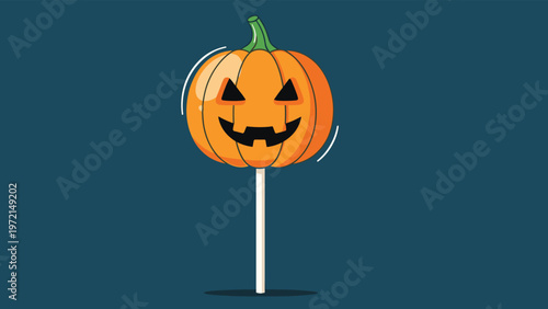Orange jack-o-lantern pumpkin shaped lollipop candy on a stick for Halloween sweet treats isolated on a dark blue background illustration.