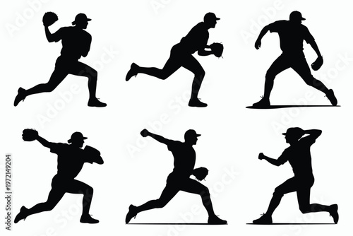 Dynamic silhouettes of athletes pitching baseballs in energetic poses showcasing motion and intensity with bold black outlines against a clean white background