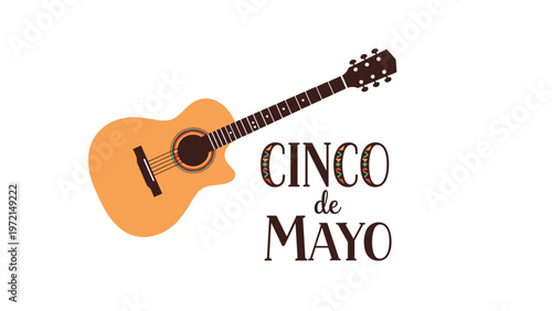 Acoustic guitar accompanied by festive cinco de mayo text decorated with traditional mexican patterns on a white background.