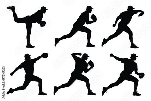 Silhouettes of six baseball pitchers in dynamic throwing poses showcasing motion and intensity against a clean white background ideal for sports graphics