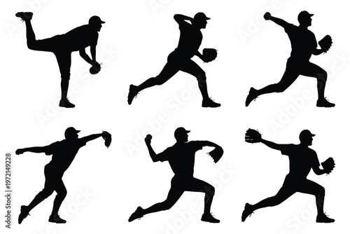 Silhouettes of six baseball pitchers in dynamic throwing poses showcasing action and energy with clear motion and athletic stances isolated on white background