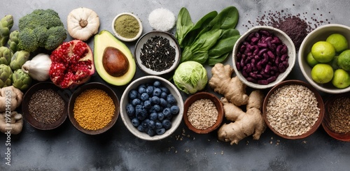 A vibrant assortment of healthy foods, including fruits, vegetables, grains, and legumes, arranged artfully on a textured surface.