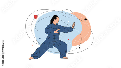 Silhouette of a person practicing tai chi or martial arts against an abstract background of soft color blobs and dynamic line work.