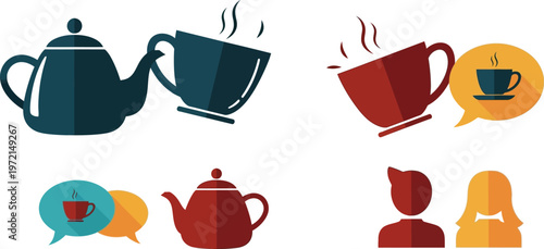 A collection of colorful flat vector icons representing tea, coffee, hot beverages and social chat
