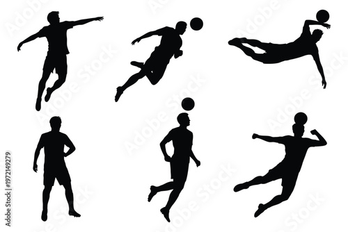 Six dynamic silhouettes of athletes playing soccer showcasing jumping running and kicking actions in a minimalist design style