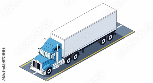 Isometric Blue Semi-Truck with White Trailer Illustration, Long Haul Freight Logistics and Cargo Transportation Vector for Supply Chain and E-commerce Shipping Business