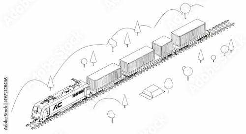 Isometric Line Art Illustration of a Freight Train Carrying Cargo Containers on a Railway Track through a Minimalist Landscape