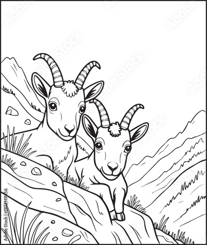 Mountain landscape outdoor scenery two goat sitting coloring page for kids, black line art vector illustration for activity book design