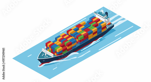 Isometric Cargo Ship with Colorful Containers on Sea, Global Shipping and Logistics Illustration isolated on White Background