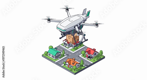 Futuristic Delivery Drone Carrying Cardboard Package Over Residential Suburban Neighborhood Isometric Illustration