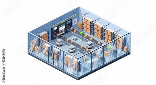 Isometric Automated Warehouse Fulfillment Center with Robotics and Conveyor Systems