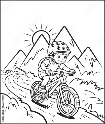 Mountain landscape boy riding bicycle outdoor scenery coloring page for kids, black line art vector illustration for activity book design