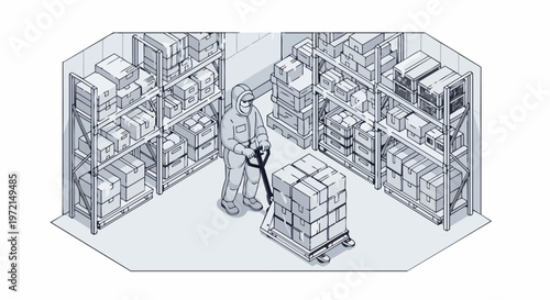 Isometric Illustration of Worker in Cold Storage Warehouse Freezer Room with Pallet Jack and Frozen Goods