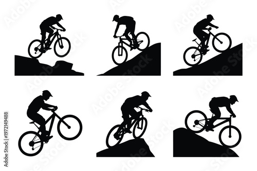 Dynamic silhouettes of cyclists performing stunts on mountain bikes showcasing action and motion on rugged terrain with bold contrasting shapes