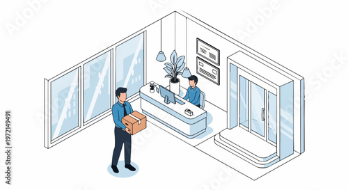 Isometric Office Reception Delivery: Courier Delivering a Parcel Box to a Business Lobby