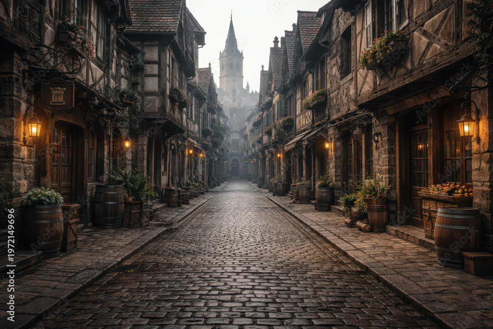 Fototapeta premium A cobblestone street lined with medieval buildings and lanterns.