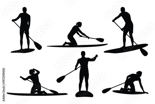 Silhouettes of people paddleboarding in various dynamic poses including standing kneeling and balancing showcasing active water sports and outdoor recreation